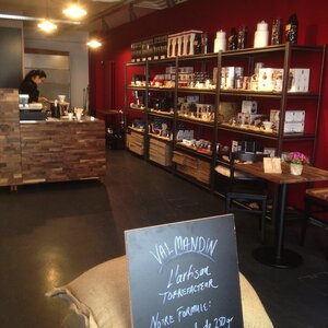 A view of Valmandin's showroom with lots of utensils to make the perfect cup of coffee.