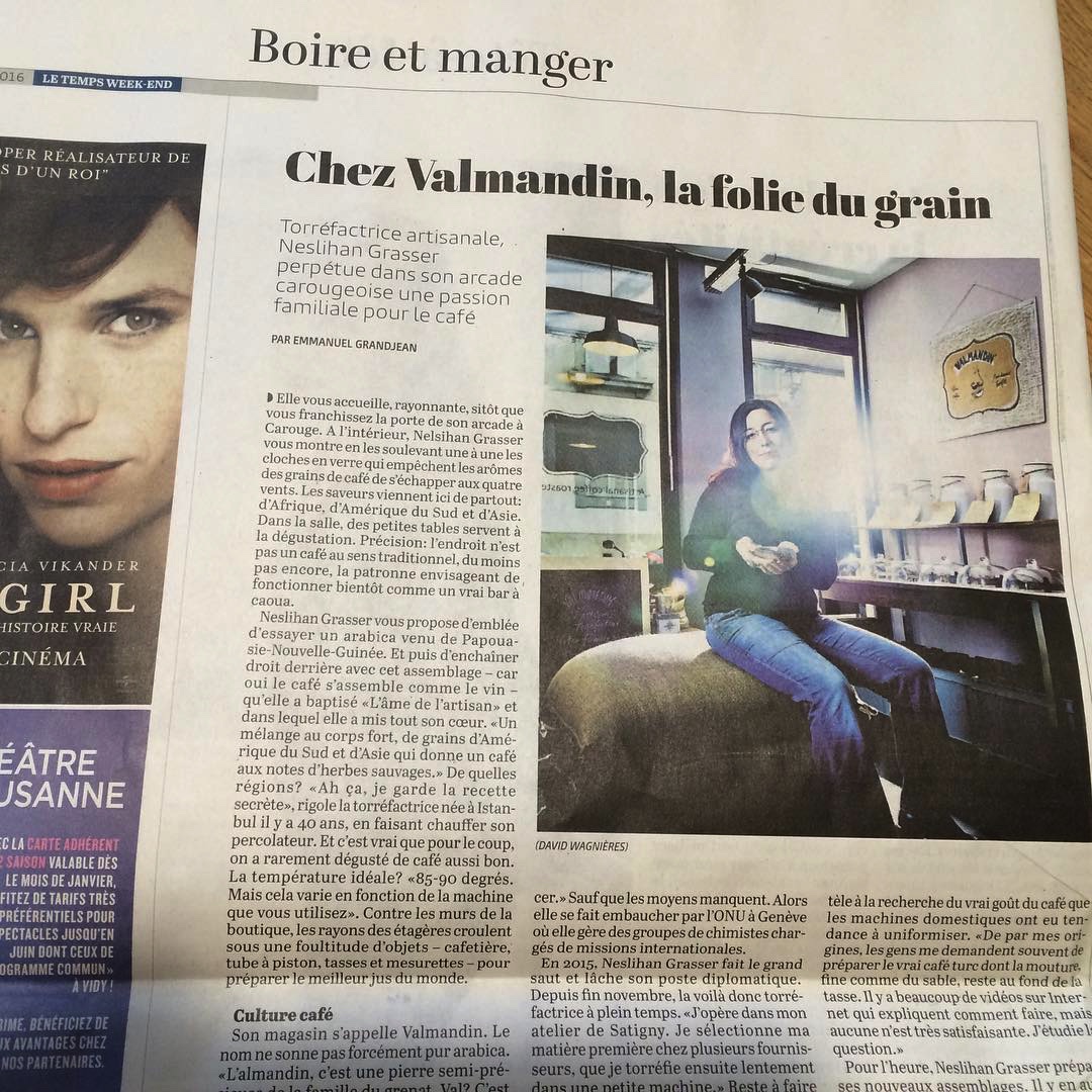 A view of the article that has appeared in Le Temps about Valmandin, the artisan roaster of gourmet coffee in Geneva.