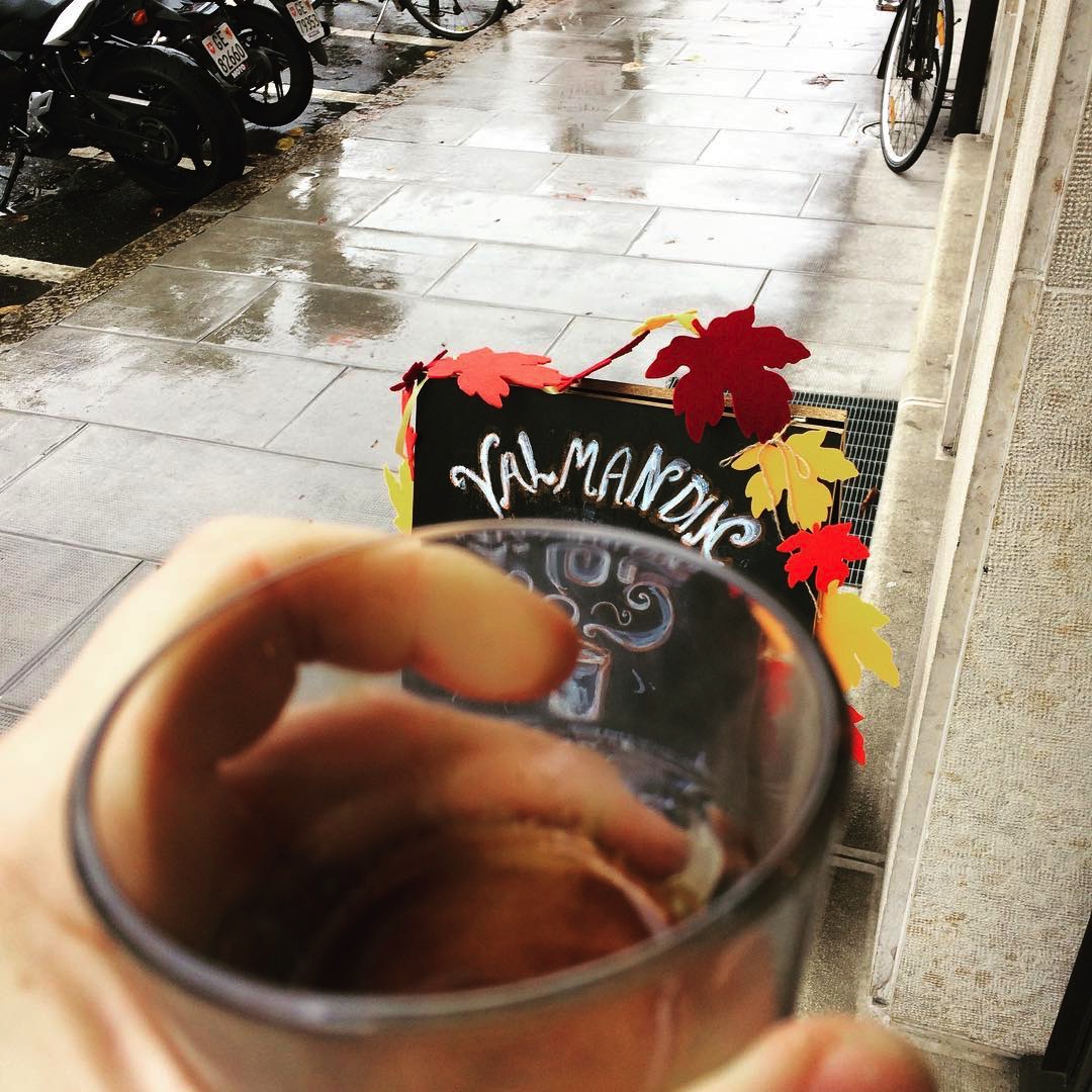 Thick crema in a glass cup of Valmandin roasted coffee surrounded by autumn leaves.