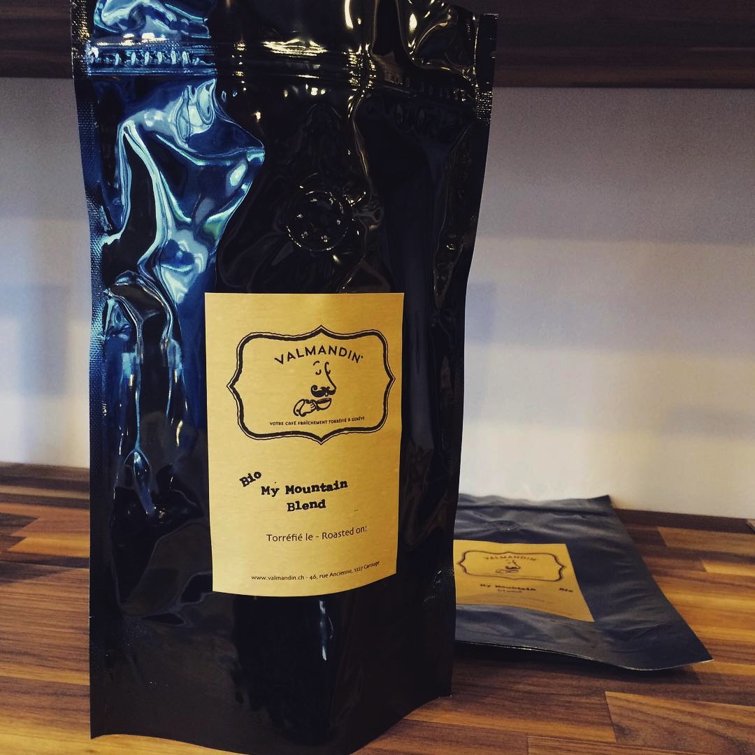 A bag of freshly roasted Bio My Mountain Blend from Valmandin the artisan roaster of gourmet coffee in Geneva.